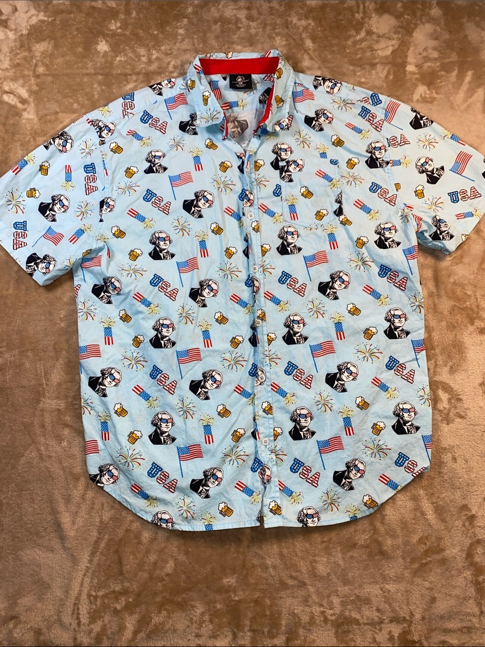 Stag horn Novelty Light Blue Short-Sleeve Button-Down Shirt - Patriotic Print